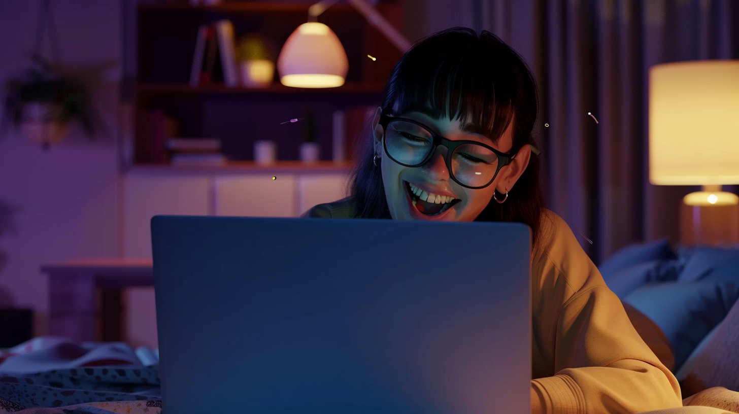 A young female business owner sat at her laptop smiling.