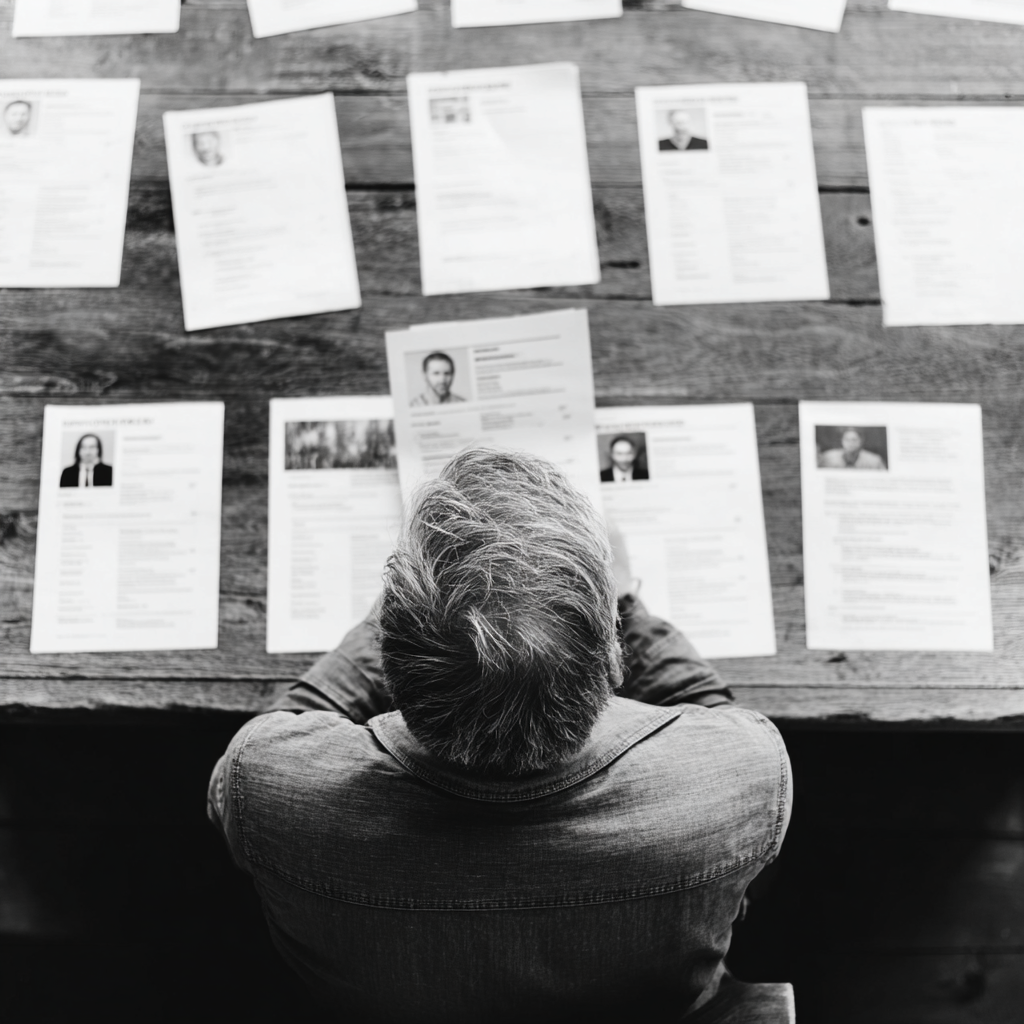 a HR professional looks over a a number of resumes spread across a table