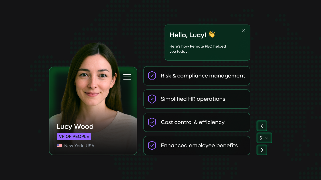 Remote's PEO product screenshot showing a list of PEO features along with a headshot