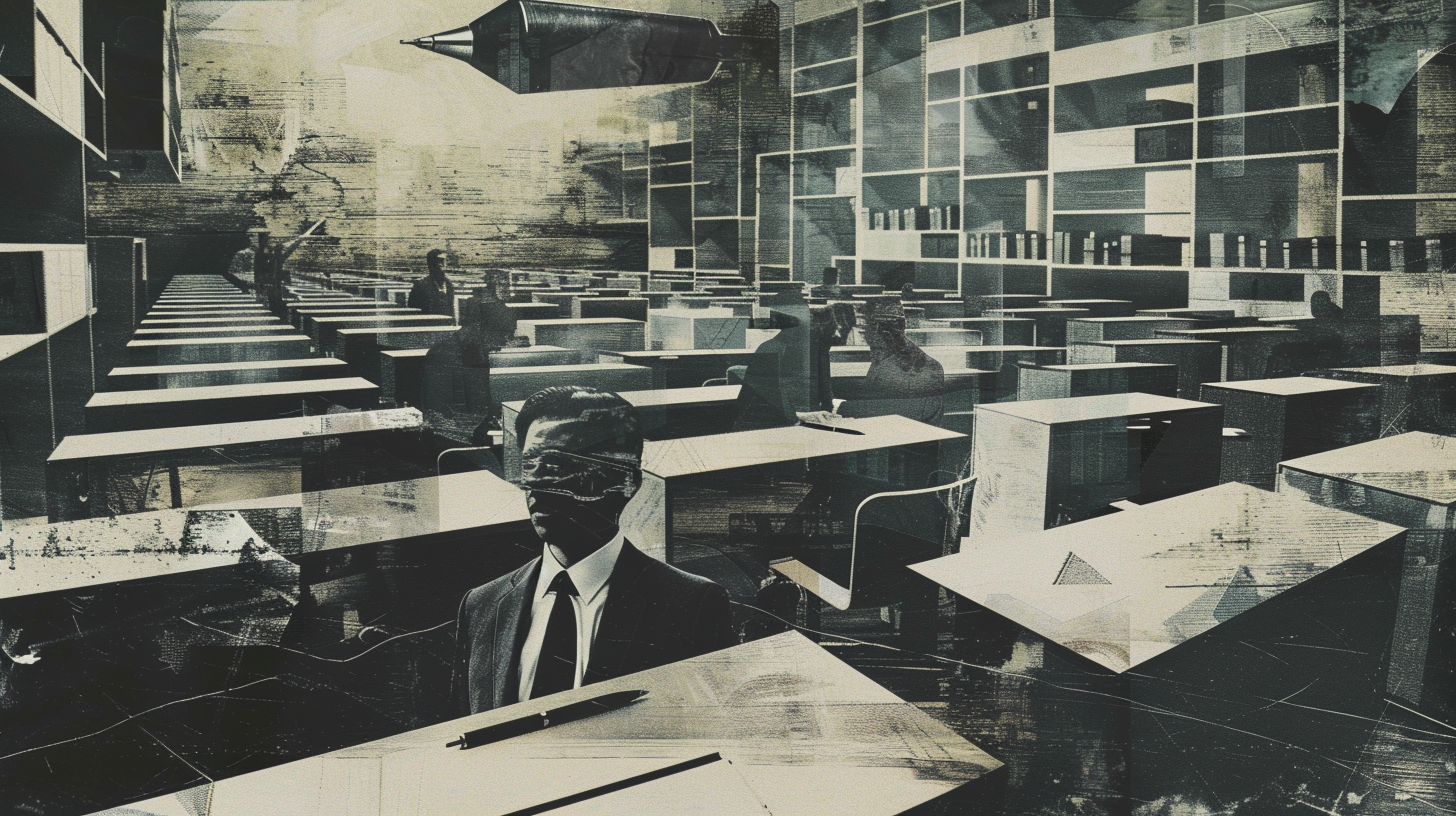 surreal dystopian office scene