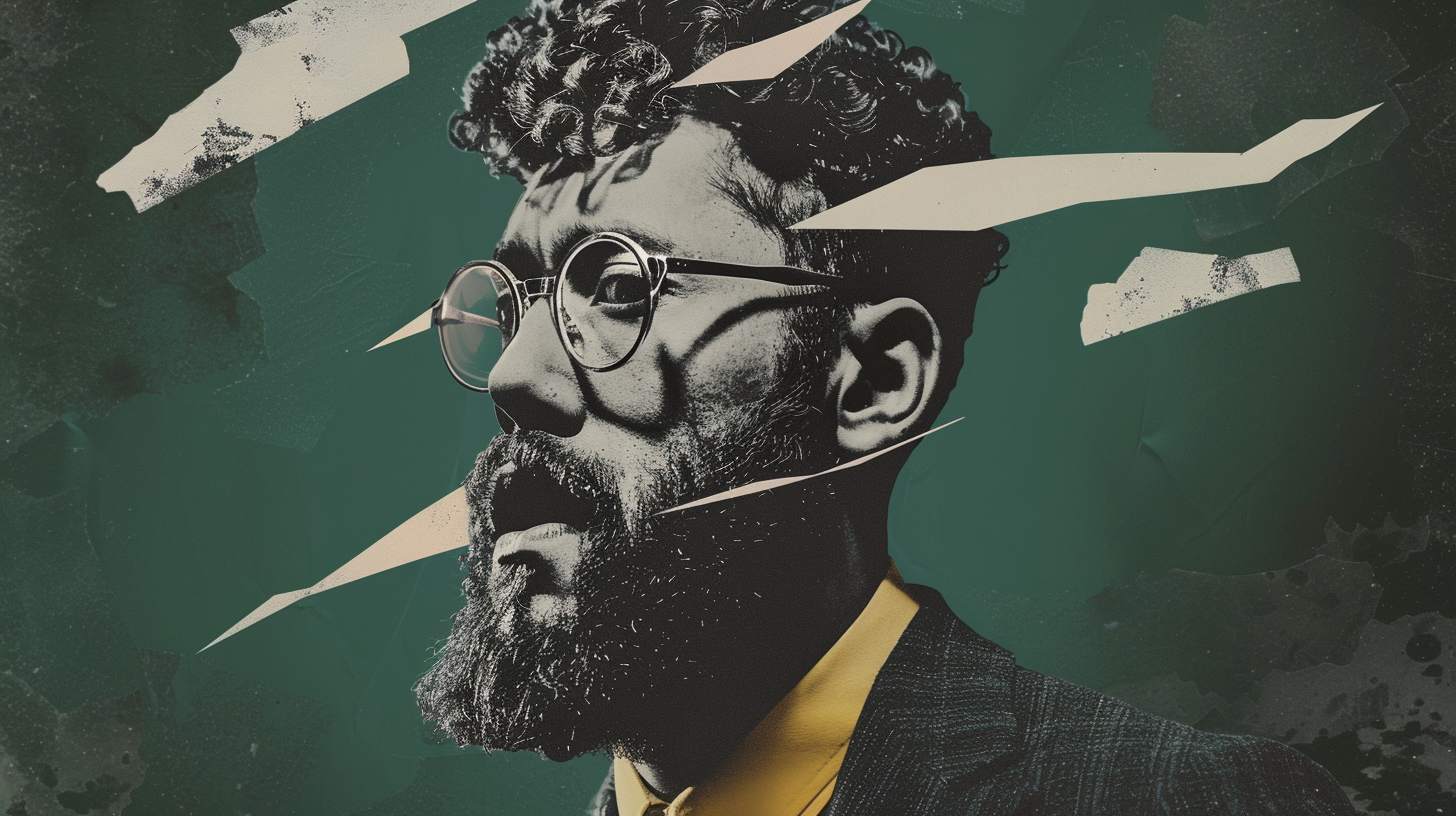 surreal fragmented portrait of a bearded man
