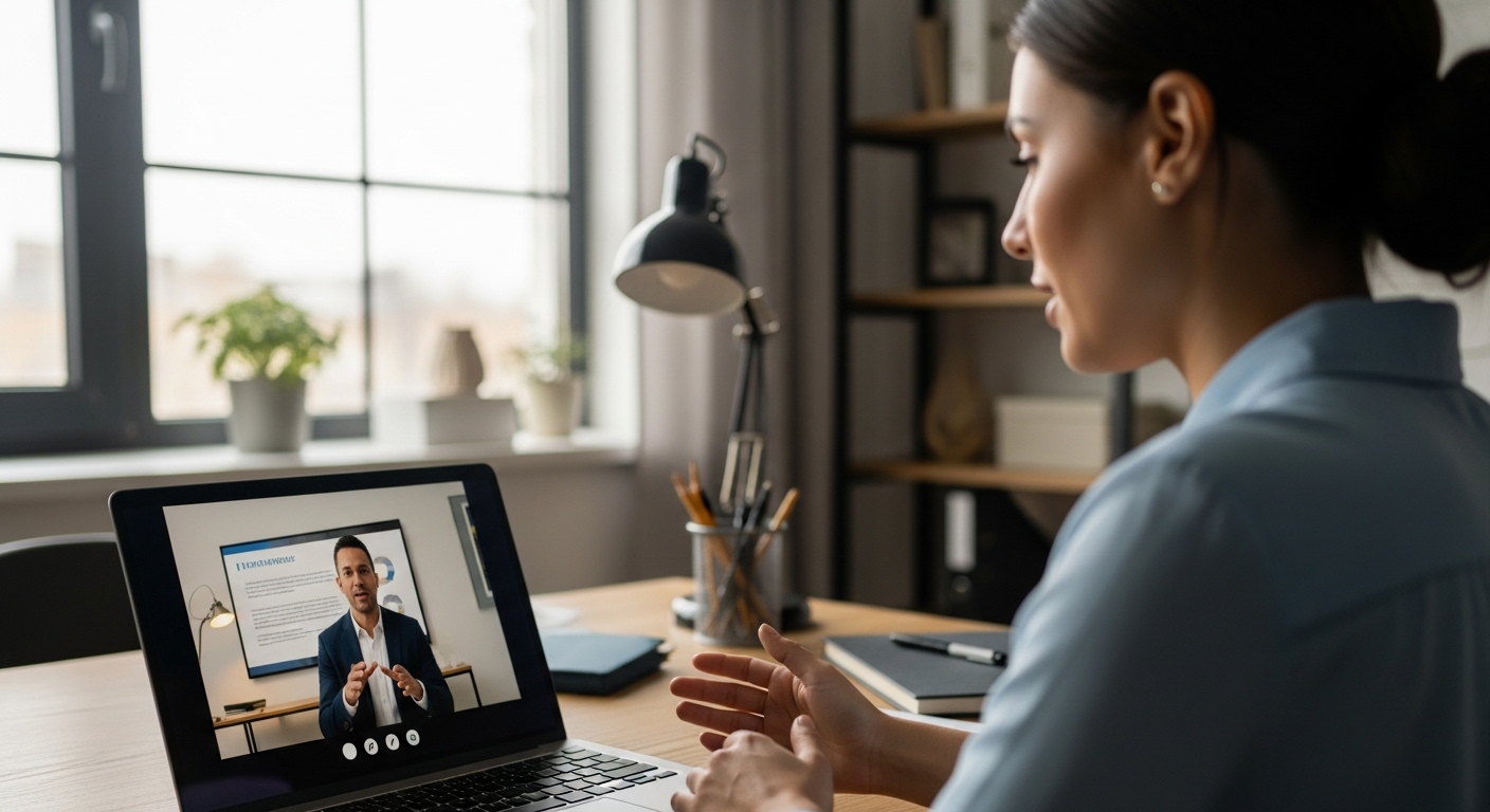 a women is speaking on a video call to an interviewer