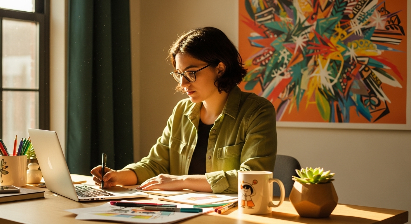 a graphic designer works on her laptop in a vibrant home office