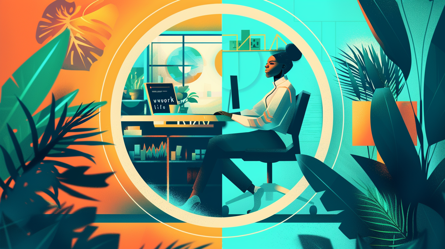 A stylized, conceptual image of a female office worker half in work, and half on vacation