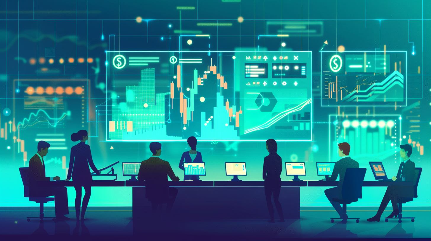 Team reviewing stock options with digital financial charts in the background.