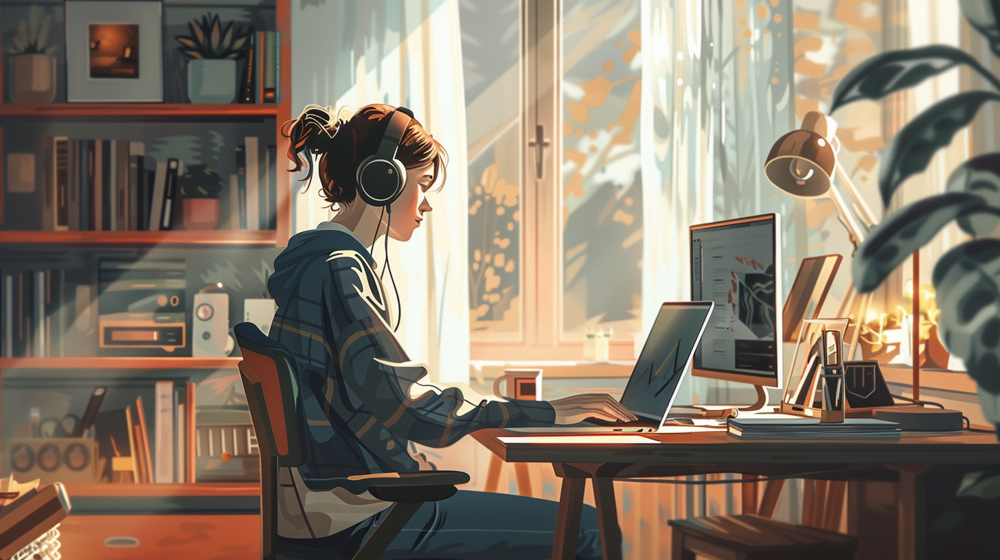Realistic illustration of a remote employee sitting at a tidy home office desk, working on a laptop in a bright, comfortable environment.