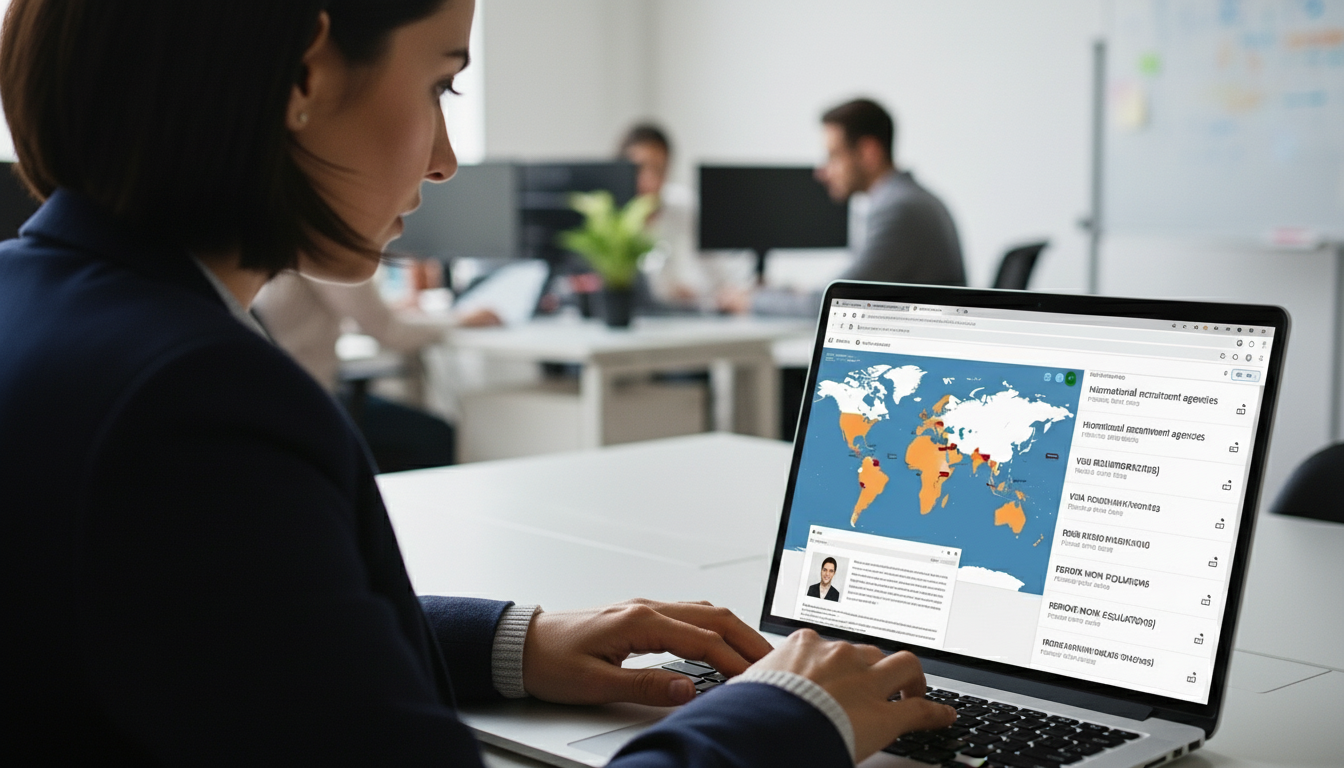 Office worker looks for global hiring options on a map on her laptop