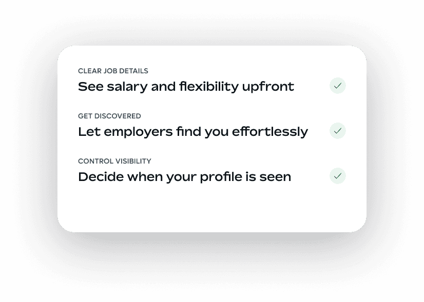 A list of candidate profile features, such as clear job details, getting discovered by employers and controlling profile visibility